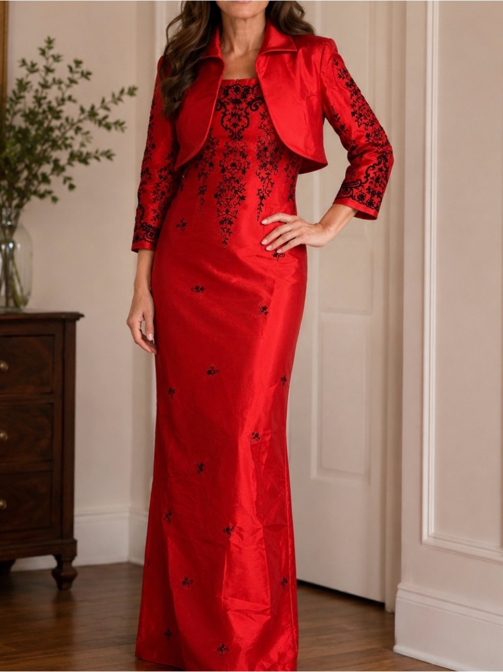 NWT Rickie Freeman Red/Black Beaded Embroidered Dress w/Jacket - Teri Jon Nite